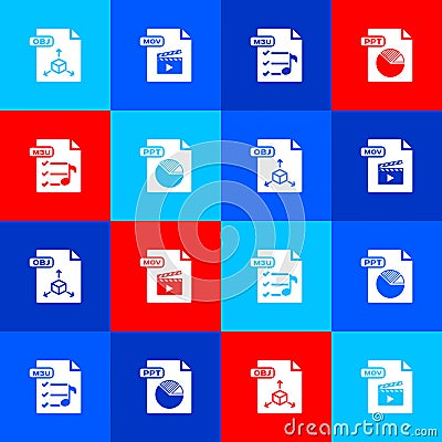 Set OBJ file document, MOV, M3U and PPT icon. Vector Vector Illustration