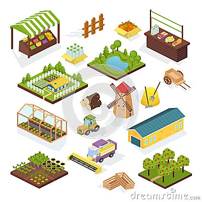 Set of objects agriculture, farm. Isometric vehicles, buildings, plantings. Vector Illustration