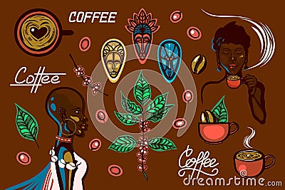 A set of objects on a coffee theme in Ethiopia. Women, coffee cups, coffee branches, coffee beans, berries, traditional masks, let Vector Illustration