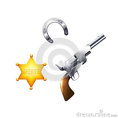 Set of objects cowboys wild west. Weapon, sheriff badge, horseshoe. Vector Illustration