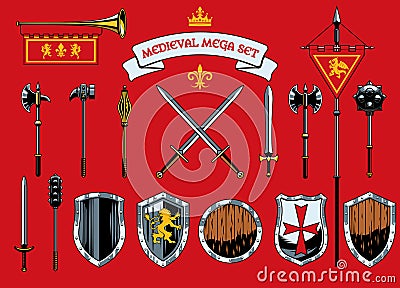 Set objects of Medieval Knights Era Vector Illustration