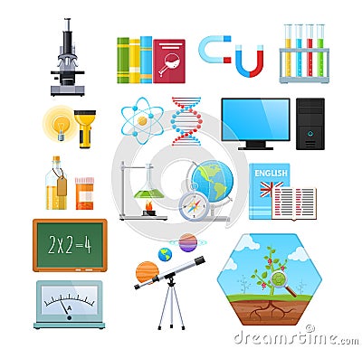 Set of objects of natural sciences. Education, science, study information. Vector Illustration