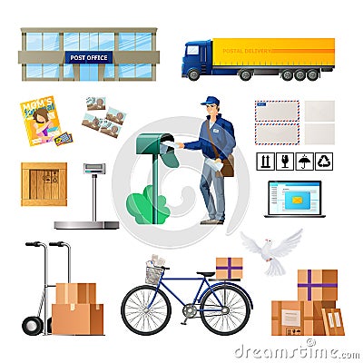 Set of postal service, building of mail, transport for delivery. Vector Illustration