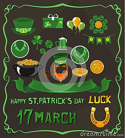 Set of objects on St. Patrick`s Day theme Vector Illustration