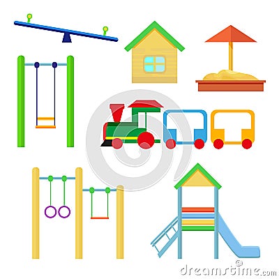 Set of objects to be placed on the playground. Slides and swings, sandpit and house, train. Vector, illustration in flat Vector Illustration