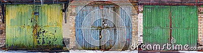 Set of obsolete worn out wear old fashion car garage wooden gates background abstract pattern texture. Antique automobile old wood Stock Photo