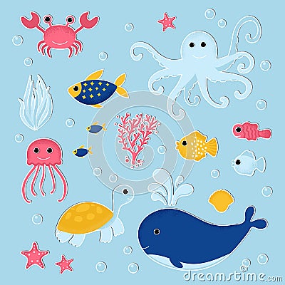 Set of Ocean animal in modern flat style Vector Illustration