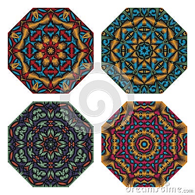 Set of octagonal symmetric patterned elements. Vintage circular embroidery patterns for carpet Vector Illustration