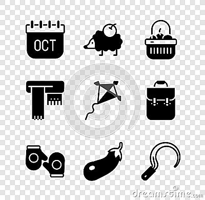 Set October calendar autumn, Hedgehog, Basket and food, Christmas mitten, Eggplant, Sickle, Winter scarf and Kite icon Stock Photo
