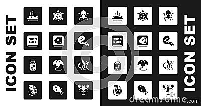 Set Octopus, Fish head, Canned fish, Served on plate, of tentacle, Turtle, Seaweed and cucumber in jar icon. Vector Vector Illustration