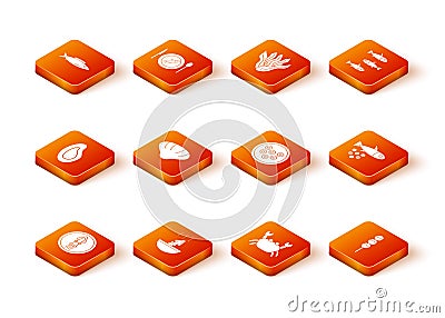 Set Octopus on a plate, Soup with octopus, Mussel, Scallop sea shell, Crab, Caviar, Takoyaki stick and Fish caviar icon Vector Illustration