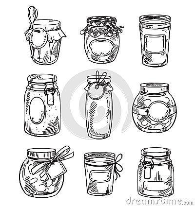 Set od hand drawn mason jars with jam, vector illustration Vector Illustration