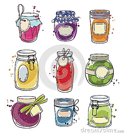 Set od hand drawn mason jars with jam, vector illustration Vector Illustration