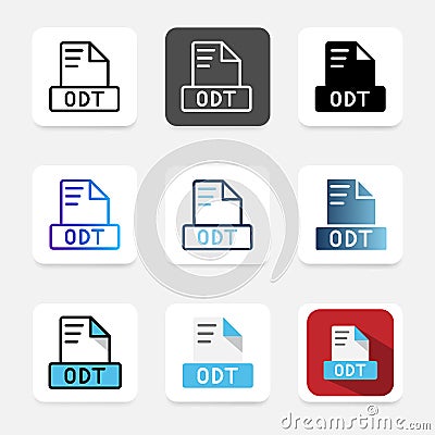 Set odt file format icons, covering various document types, extensions and file types Vector Illustration
