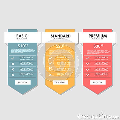 Set offer tariffs. ui ux vector banner for web app. set pricing table, order, box, button, list with plan for website in Vector Illustration