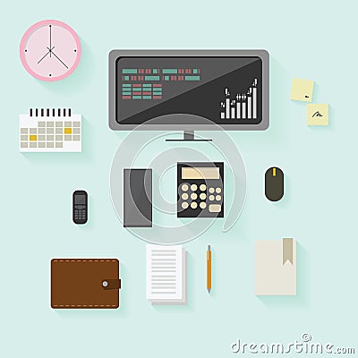 Set of office and business stock finance elements in flat design Vector Illustration