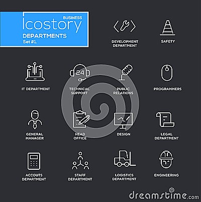 Set of office departments line flat design icons and pictograms. Vector Illustration