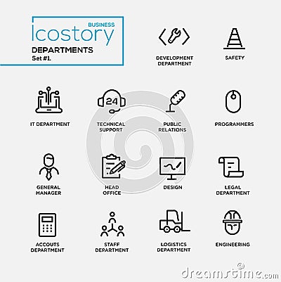 Set of office departments line flat design icons and pictograms. Vector Illustration