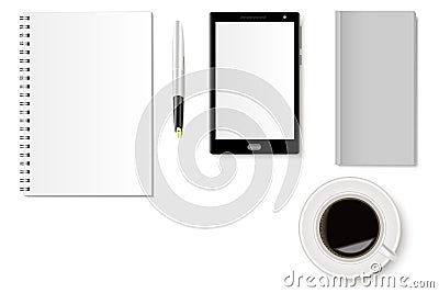 A set of office desk with a notebook, a smartphone, a phone book, a fountain e, a keyboard and a cup of coffee. Realistic shadows. Vector Illustration