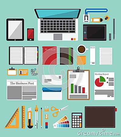 Set of office equipment in flat design. Icon collection of business work flow items . Vector Illustration