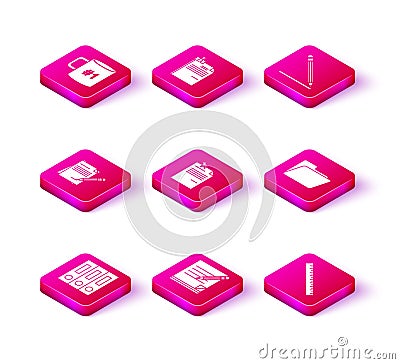 Set Office folders with papers and documents, Blank notebook pencil eraser, Note pinned pushbutton, Ruler, Document Stock Photo