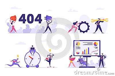Set of Office Situations, 404 Error, Internet Connection Interruption, Technical Support Characters with Huge Wrench Vector Illustration