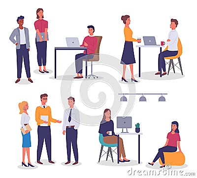 Set of office staff, women and men work, communicate together. Tables, laptops. Office space Vector Illustration