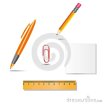 Set of office tools, pen, pencil, paper clip, ruler, paper on white background with shadows Stock Photo