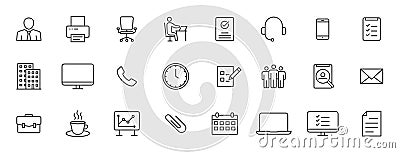 Set of 24 Office web icons in line style. Teamwork, workplace, coffee, work, business, employee. Vector illustration Vector Illustration