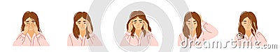 Set of office women suffering from different types of headache, migraine, tension, pain, stress. Hand-drawn portraits Vector Illustration