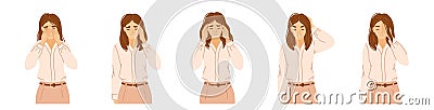 Set of office women suffering from pain, pressing hands to the throbbing areas of her head. Types of headaches. Cluster Vector Illustration