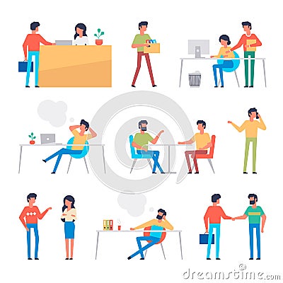 Set of office workers characters. Flat design corporate business people. Full length. Different poses and situations. Vector Vector Illustration