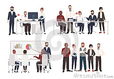 Set of office workers dressed in business clothing in different situations - working at computer, conducting negotiation Vector Illustration