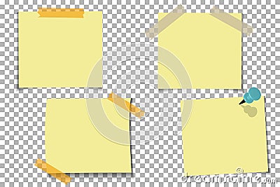 Set office Yellow paper note with sticky tape, isolated on transparent background. Template for your projects. Vector illustration Vector Illustration