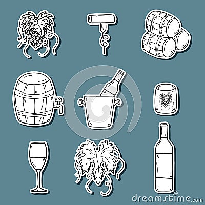 Set ofk cartoon wine stickers in hand drawn style Vector Illustration