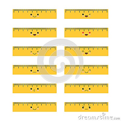 Set og cartoon cute school ruler with different emotion isolated on white background for educational, school or office Vector Illustration