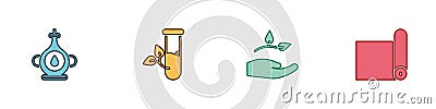 Set Oil bottle, Laboratory glass and leaves, Leaf in hand and Fitness mat roll icon. Vector Vector Illustration