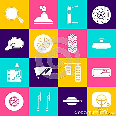 Set Oil filler cap at gas station, Car door handle, mirror, Truck side, wheel, and tire icon. Vector Vector Illustration