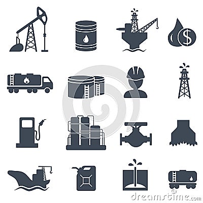 Set of oil and gas grey icons Petroleum industry Vector Illustration