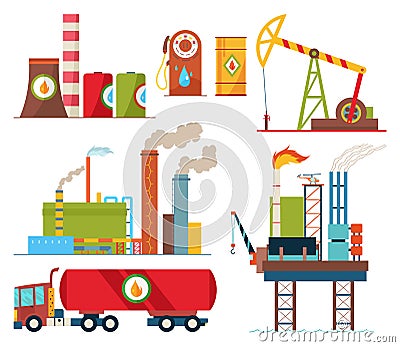 Set of oil industry extraction production and transportation oil and petrol, rig and barrels on flat cartoon icons Vector Illustration