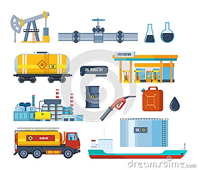 Set of oil industry: plant, equipment for production, transportation, storage. Vector Illustration