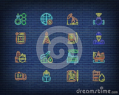 Set of Oil and Petrol Industry neon sign. Fuel Truck, Petroleum Wagon, Gasoline, Cargo Ship and more. Vector Illustration