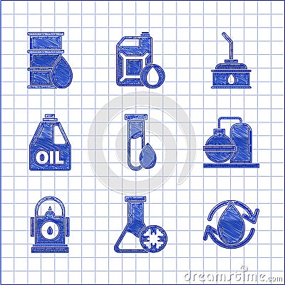 Set Oil petrol test tube, Antifreeze, drop, and gas industrial factory building, Petrol Gas station, Canister for motor Vector Illustration