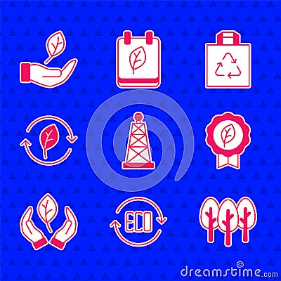 Set Oil rig, Leaf Eco symbol, Tree, in hand, Recycle with leaf, Shopping bag recycle and icon. Vector Vector Illustration