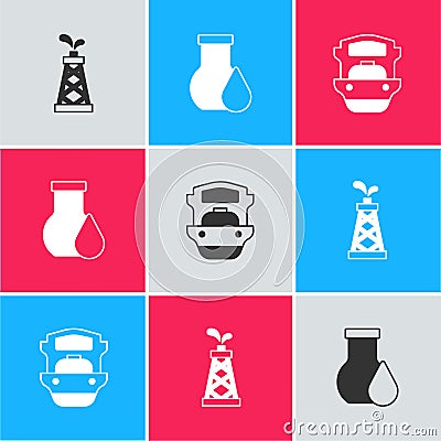 Set Oil rig, petrol test tube and tanker ship icon. Vector Vector Illustration