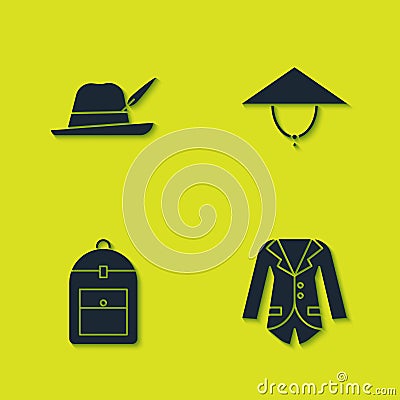 Set Oktoberfest hat, Blazer or jacket, Backpack and Asian conical icon. Vector Vector Illustration