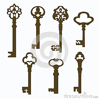 Set old carved door keys Vector Illustration