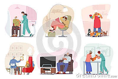 Set of Old Characters Hobbies and Everyday Activities. Old People Apply Vaccination in Hospital, Reading, Painting Vector Illustration