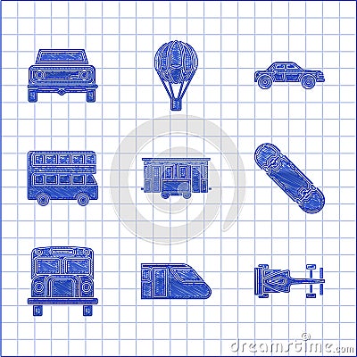 Set Old city tram, Train, Formula race car, Skateboard, School Bus, Double decker bus, Sedan and Off road icon. Vector Vector Illustration