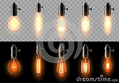 A set of old, classic, retro incandescent bulbs of different shapes. On a transparent and black background. Vector Illustration